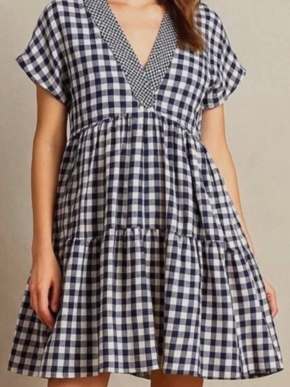 ANTHROPOLOGIE 11 1 TYLHO NAVY BLUE & WHITE GINGHAM PLAID V-NECK TIERED S/S DRESS
